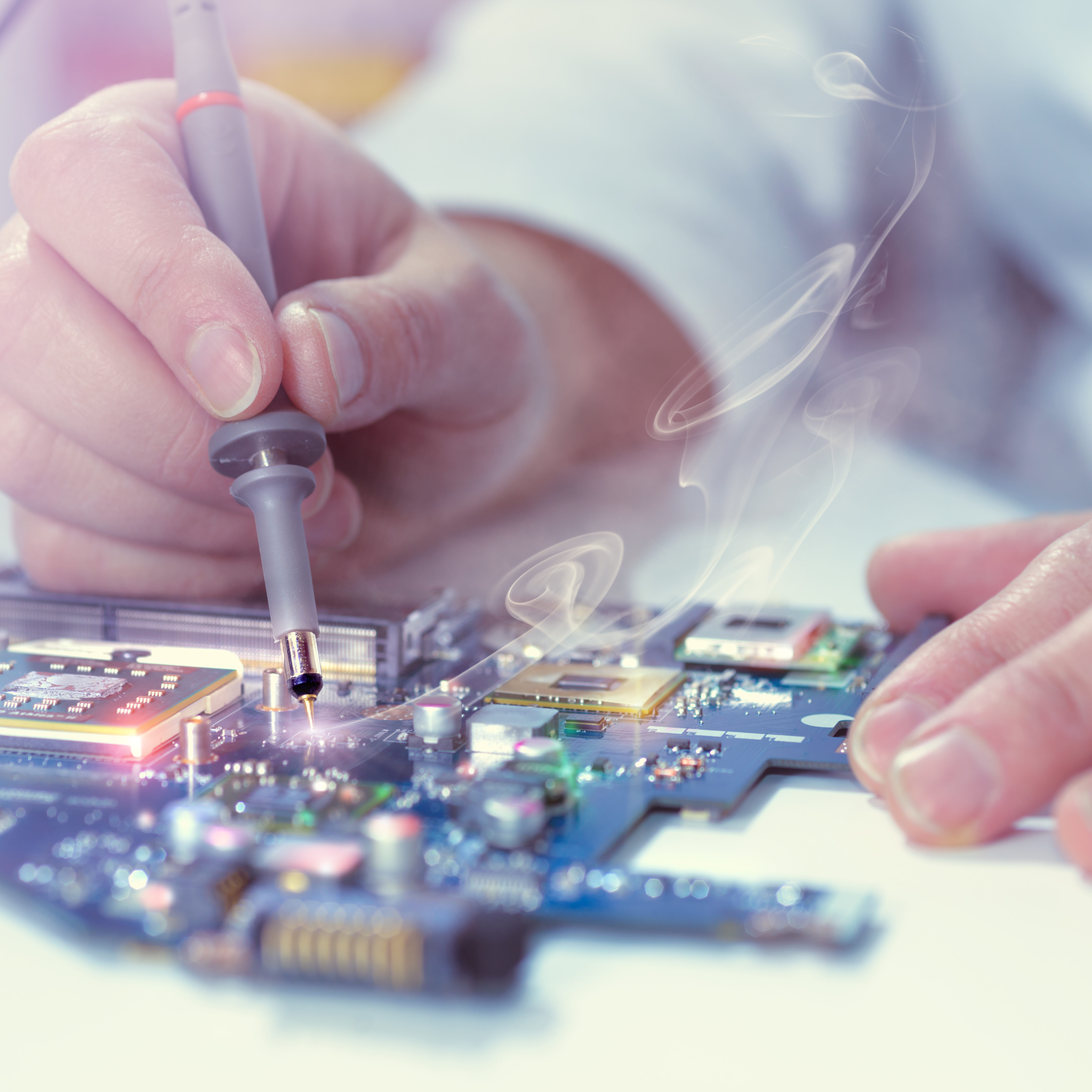 Electronics repair service Technological background with closeup on tester checking motherboard. Toned image. Shallow DOF, exact focus on the tester tip